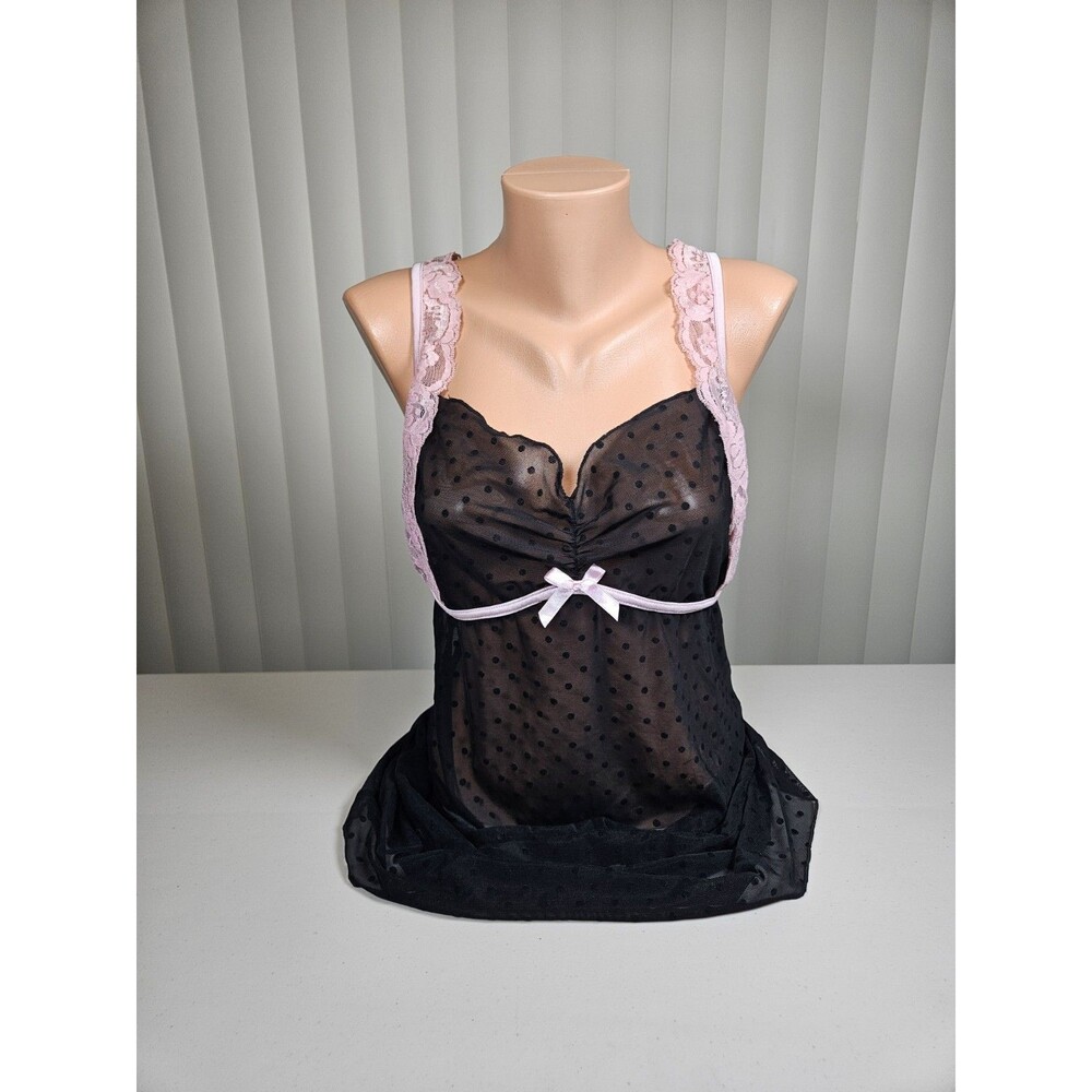 VTG Coquette Black Pink Polka Dot Mesh Babydoll Lingerie Chemise Slip OS XL Y2K